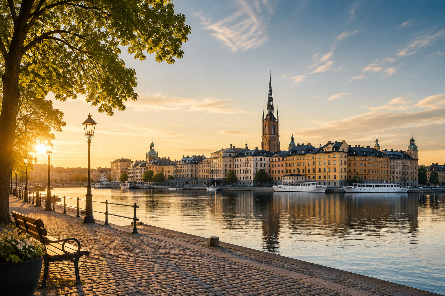 Vy över Gamla Stan och Riddarholmskyrkan i Stockholm i soluppgång – ett fakturaprogram byggt i Sverige för svenska företagare