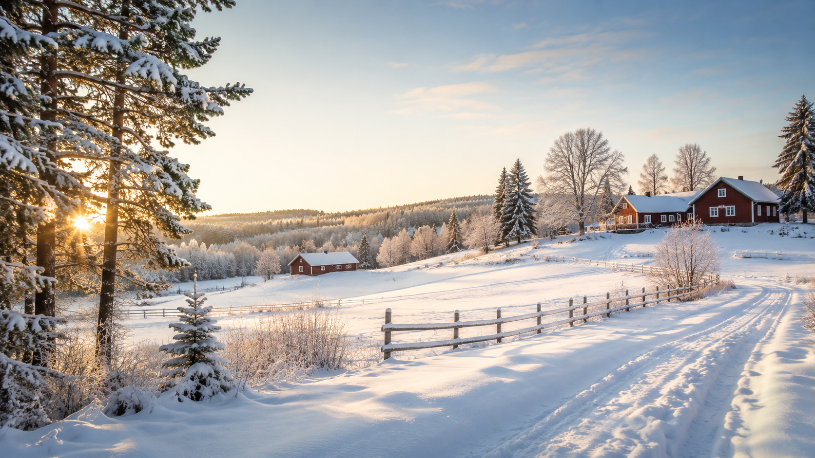 Klassiskt svensk vinterlandskap med falurött gårdsbyggnad, snöklädda barrträd och mjukt vintermorgonljus – fakturering för svenska företagare landet runt